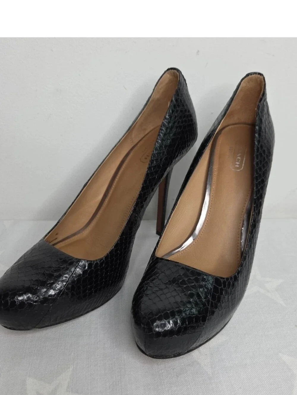 COACH Kristina Q3013 Black Snake Embossed Leather Platform Stiletto Pumps 9B